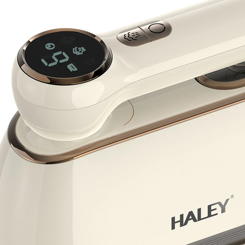 Fier de călcat vertical cu abur HALEY HY-2005, 2000 W, rezervor 150 ml, talpă inox, ecran LED, alb crem