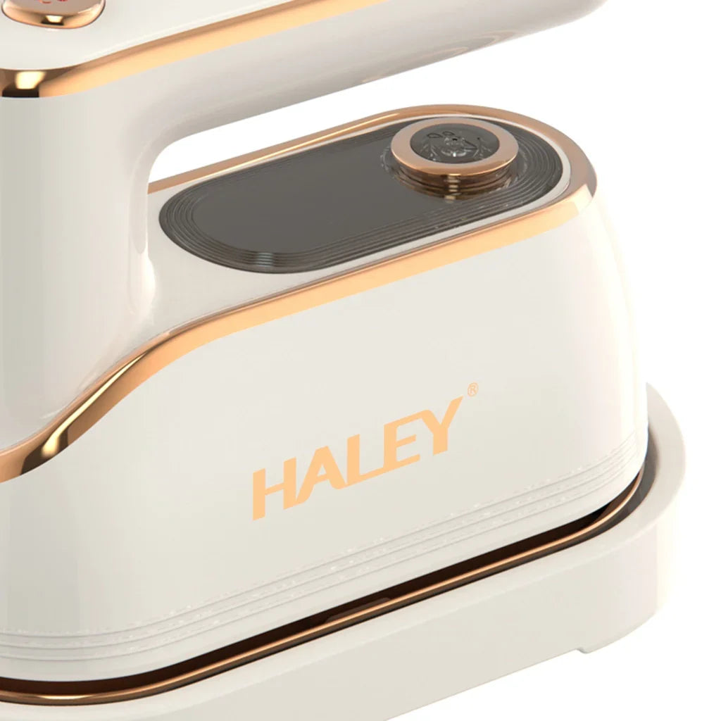 Fier de călcat vertical cu abur HALEY HY-2075, 1300 W, rezervor 150 ml, talpă ceramică, alb cu auriu rose