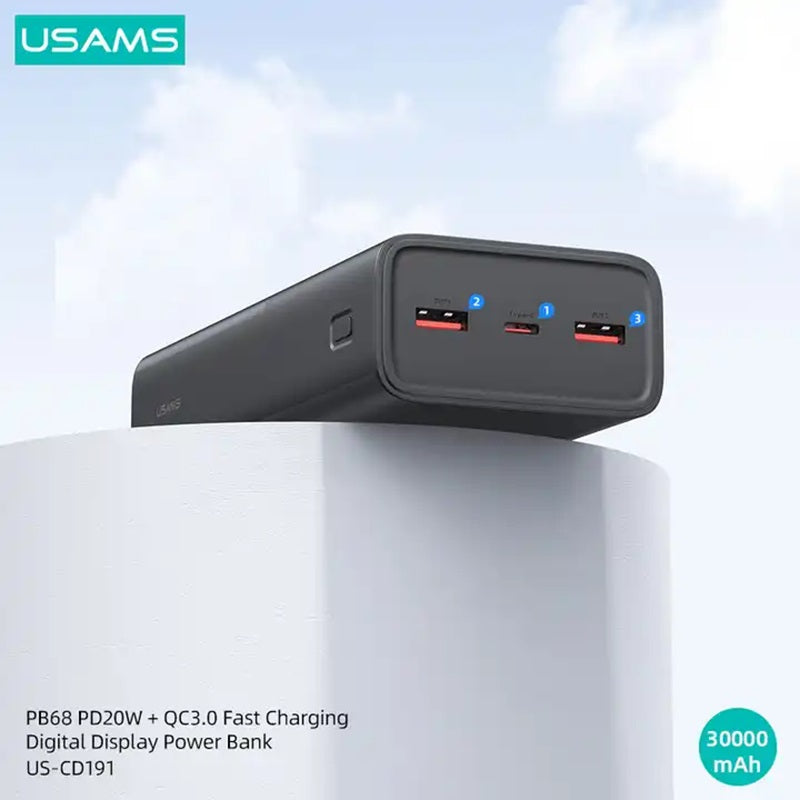 Baterie externă USAMS, 30000 mAh, 22.5W fast charge, display LED digital, ieșiri multiple USB, negru