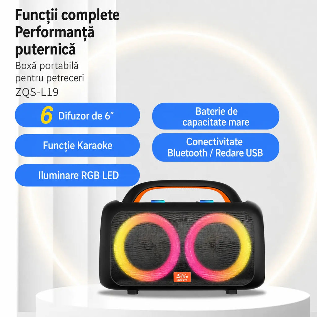 Boxă karaoke portabilă Sing-E ZQS-L19, 2x6 inch, 1400 W, 2 microfoane wireless, RGB LED, negru