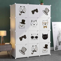 Dulap modular pentru copii 12 rafturi , AT PERFORMANCE® , Alb cu pisicute 🐱🎀👓🎩