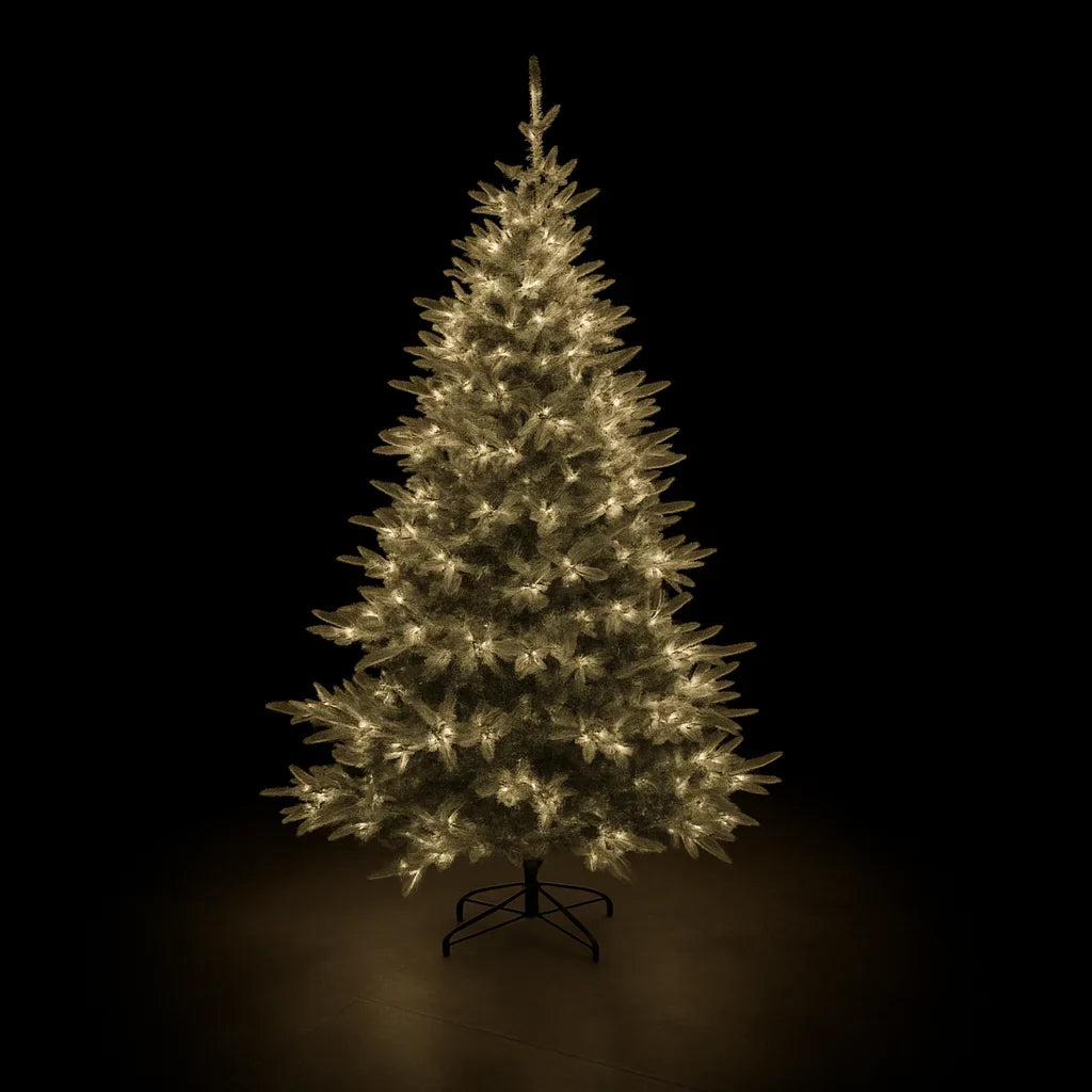 Brad artificial cu efect de ninsoare, 2.1 m, 1150 ramuri, lumini LED galben cald, suport metalic