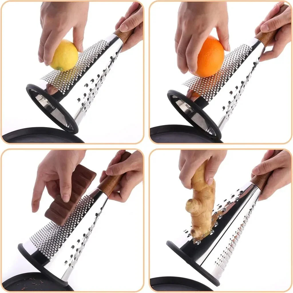 Răzătoare conică AT Performance, inox cu mâner de lemn, 3 funcții, 19,5 x 8,9 cm, bază antialunecare