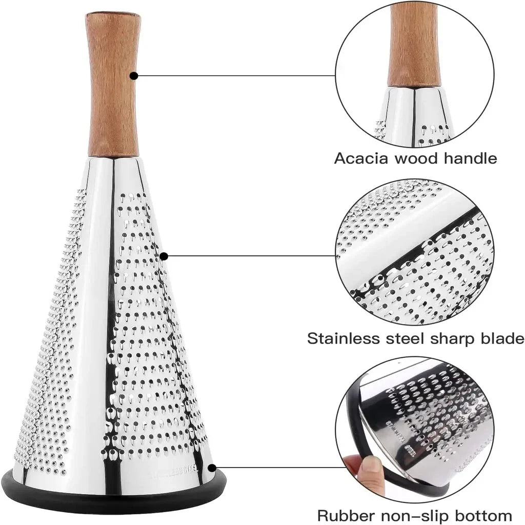 Răzătoare conică AT Performance, inox cu mâner de lemn, 3 funcții, 19,5 x 8,9 cm, bază antialunecare
