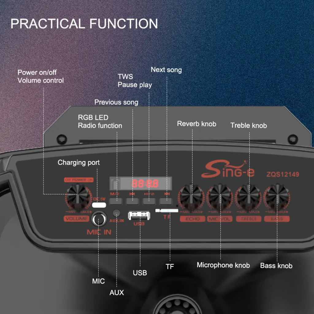 Boxă karaoke portabilă Sing-E ZQS12149, 12 inch, 200 W, bluetooth 5.3, acumulator 3000 mAh
