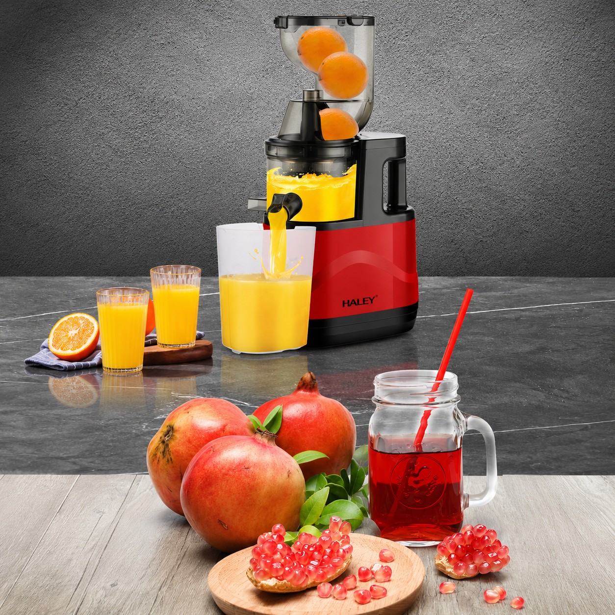 Storcător cu presare lentă HALEY HY-604, 200 W, filtru inox cu micropori, recipiente 300 ml, roșu