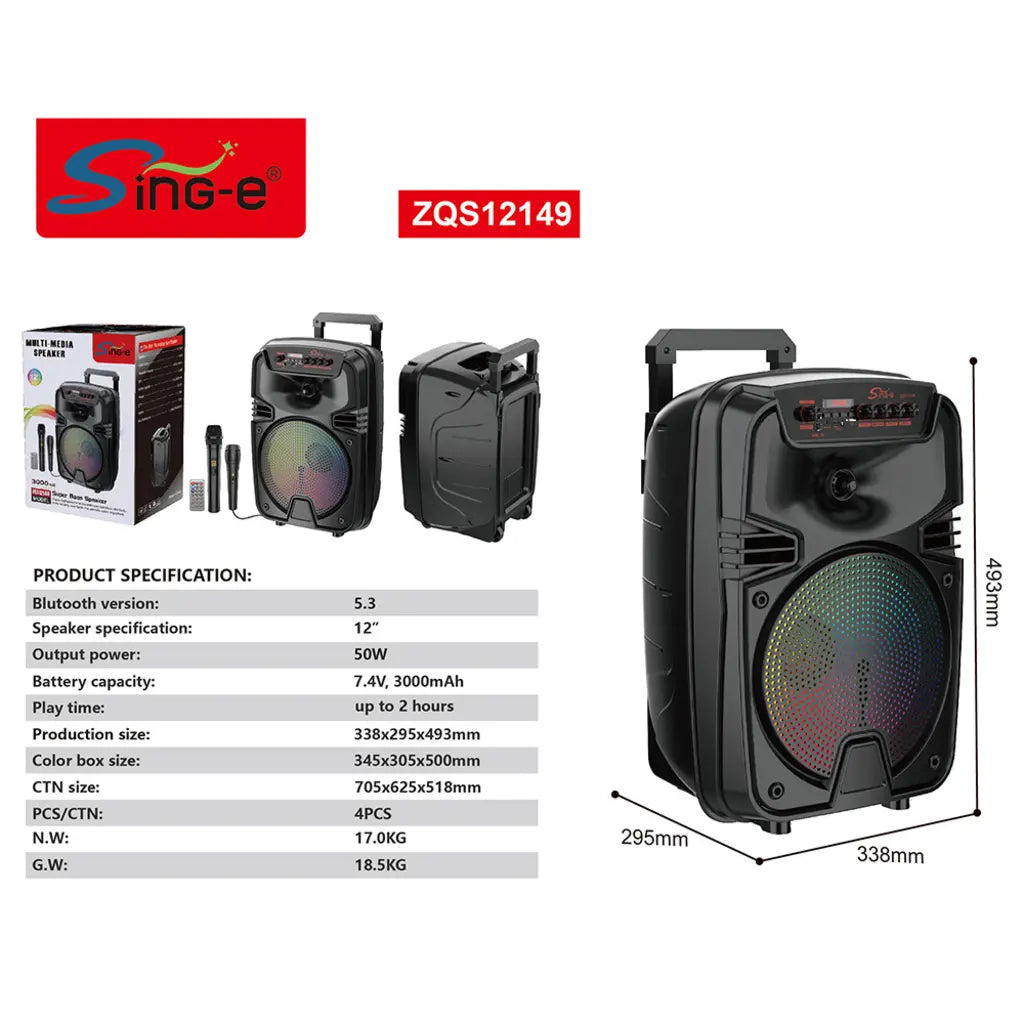 Boxă karaoke portabilă Sing-E ZQS12149, 12 inch, 200 W, bluetooth 5.3, acumulator 3000 mAh