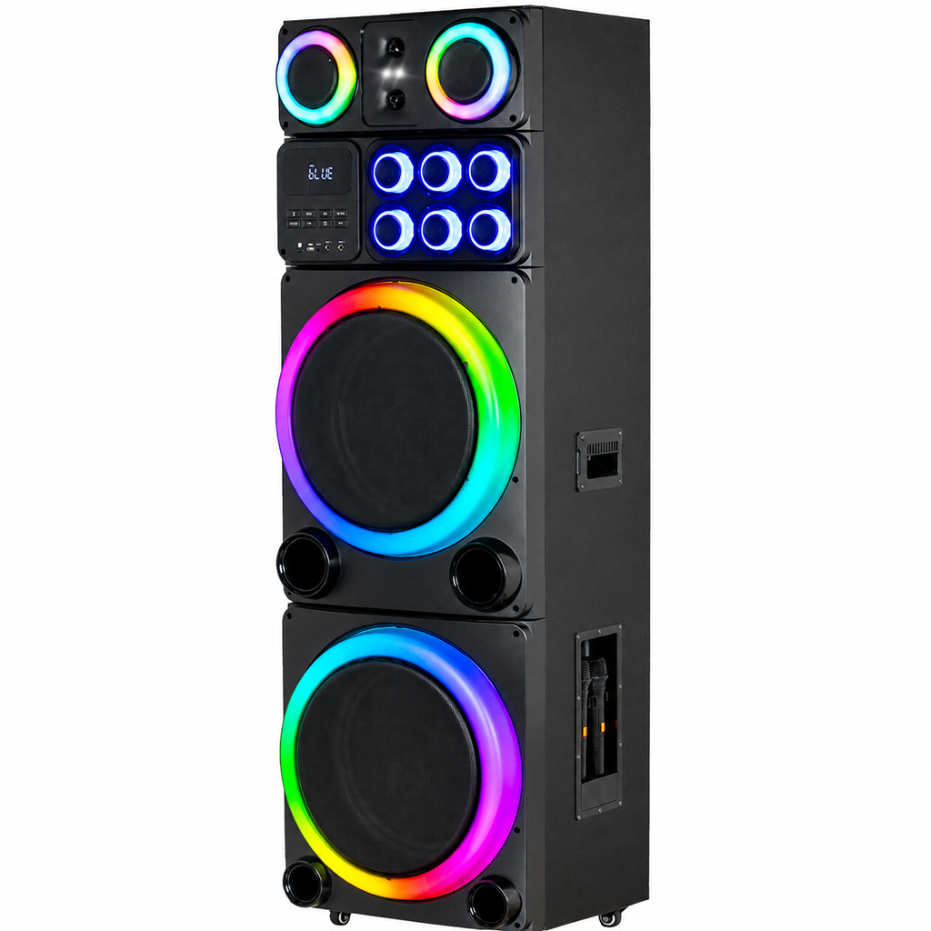 Boxă karaoke portabilă AT Performance KOLAV-LJ5513, 2x15 inch, bluetooth, radio FM, 2 microfoane wireless, LED RGB