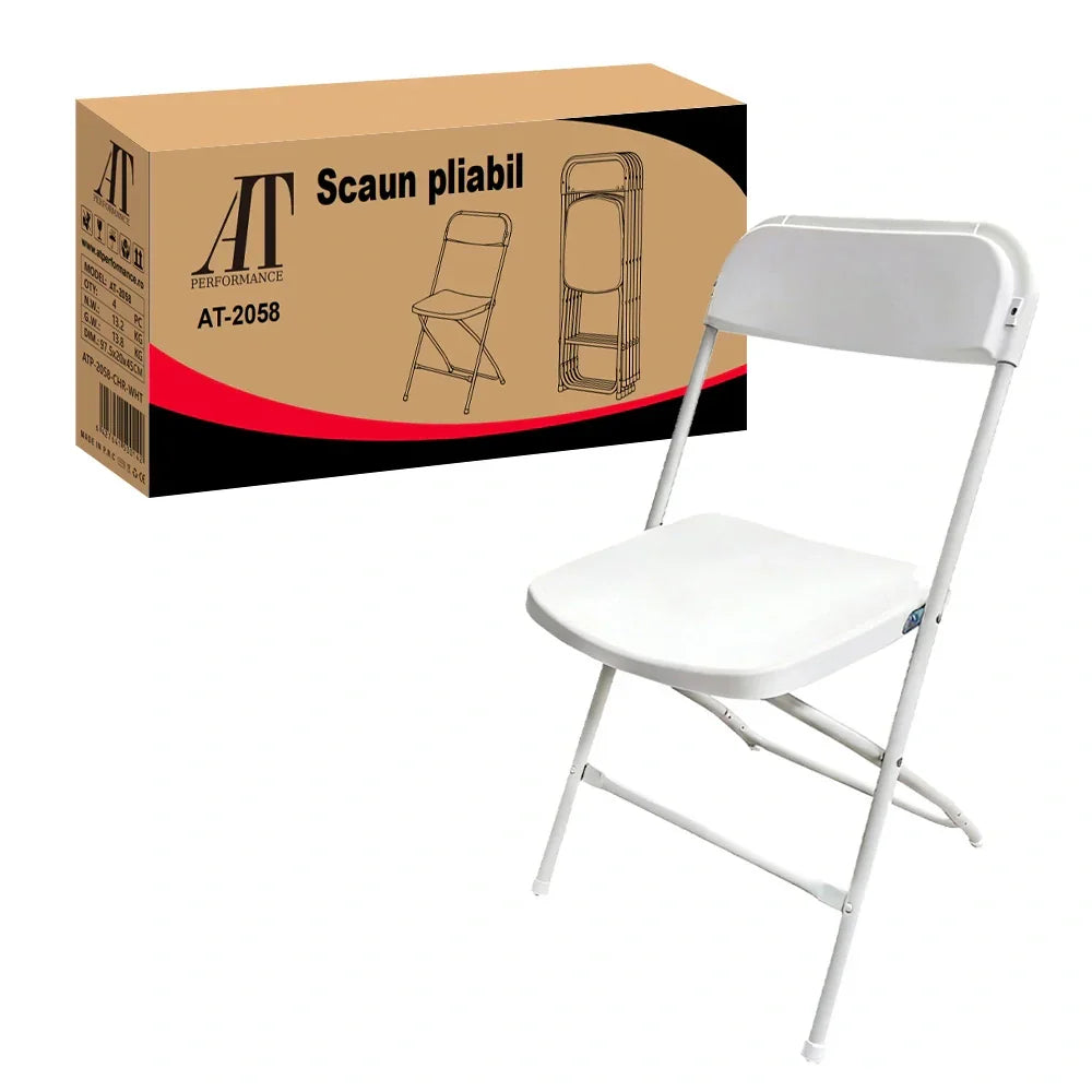 Set 4 scaune pliabile AT Performance, cadru metal vopsit, șezut plastic rezistent, interior-exterior, alb