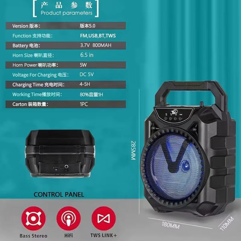 Boxă portabilă KOLAV, 6,5 inch, bluetooth, FM, TWS, woofer cu lumină, acumulator 800 mAh