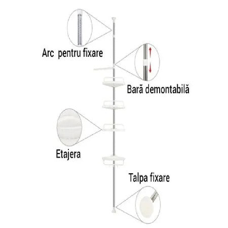 Etajeră Colț pentru Baie/Duș cu 4 Rafturi, Suport Prosop și Cărlige, Înălțime Reglabilă Max. 3.2 Metri, Alb