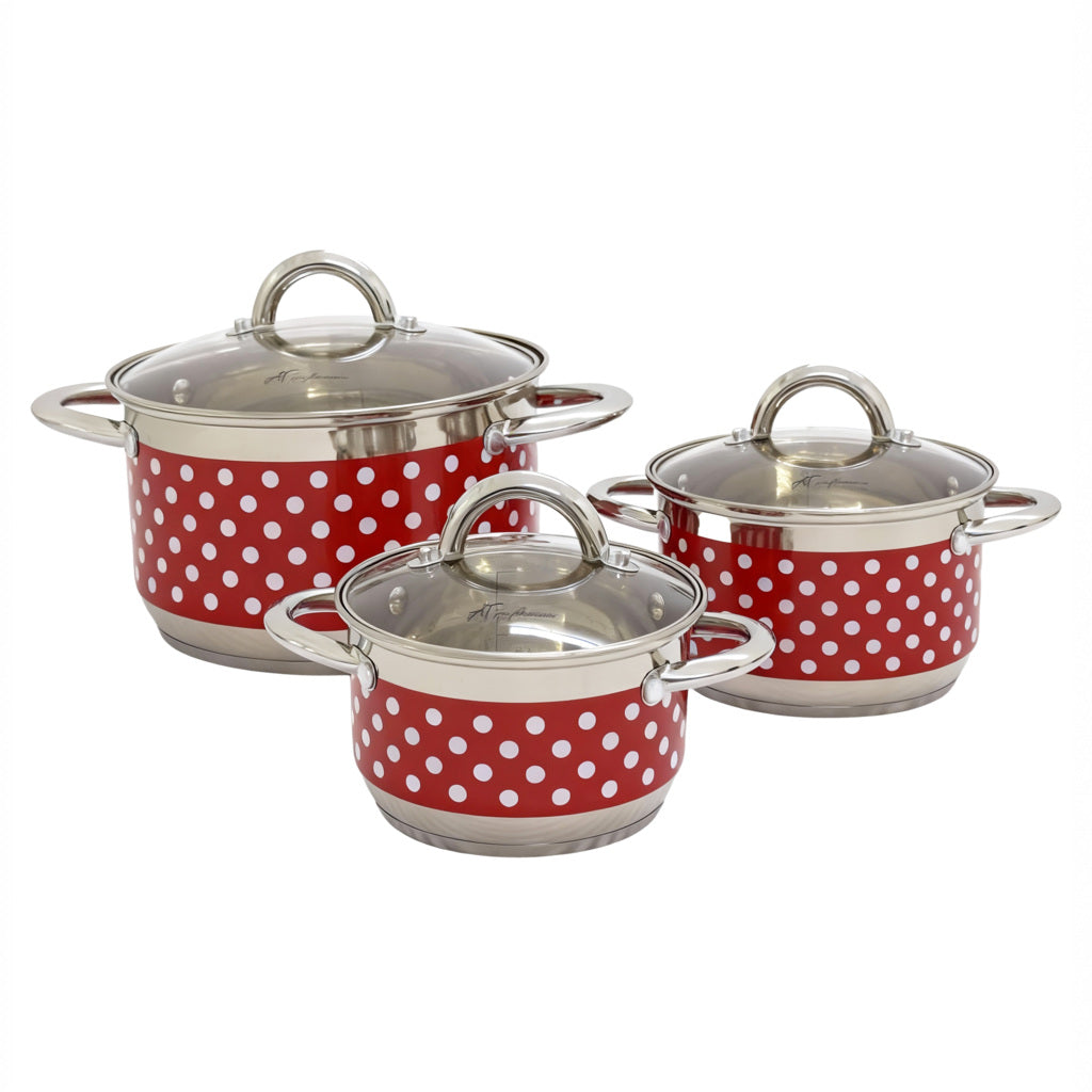 Set oale inox AT Performance, 3 piese, 1,9 L, 3,6 L și 4,7 L, capace din sticlă, model cu buline