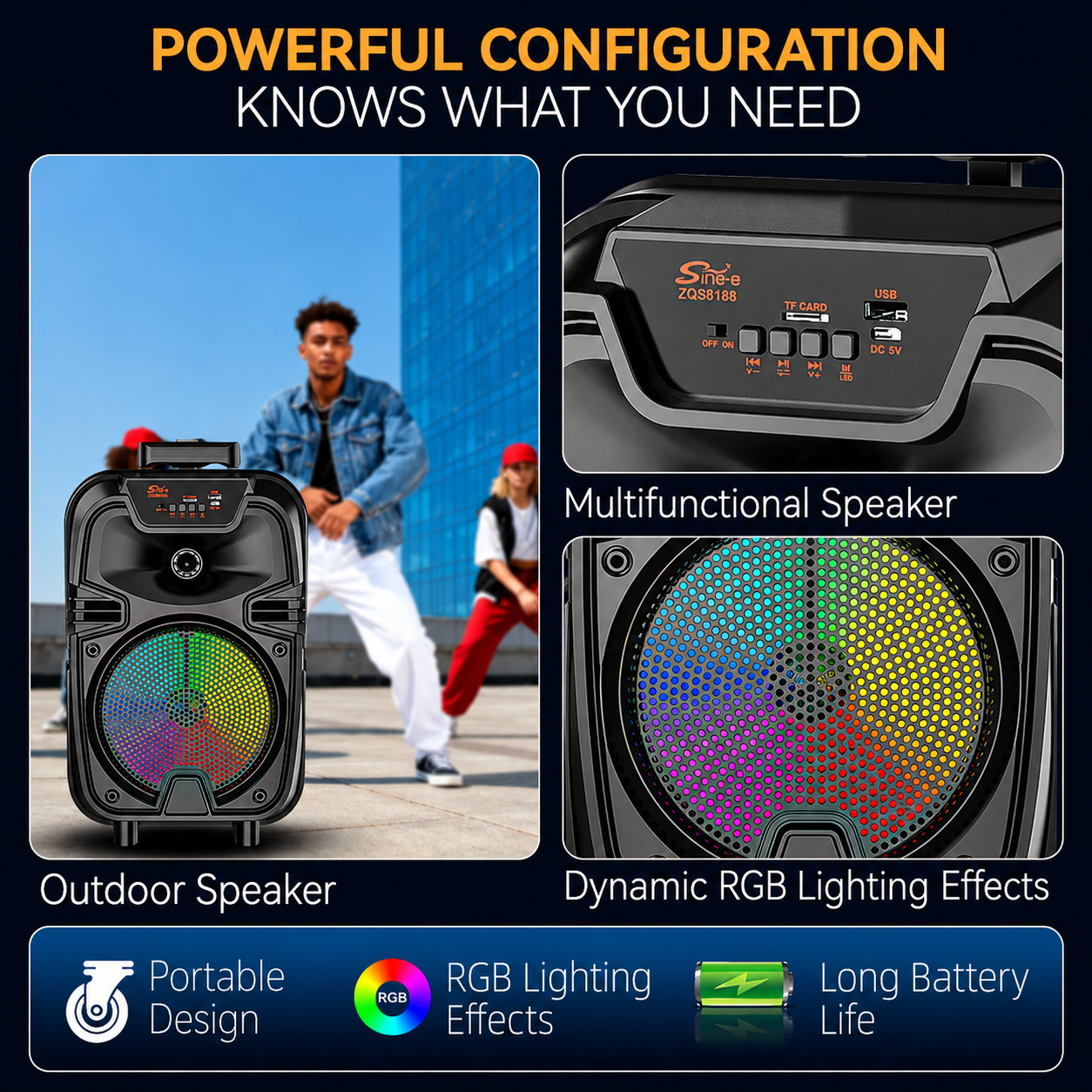 Boxă portabilă Sing-E ZQS8188, difuzor 8 inch, 200 W PMPO, baterie 3000 mAh, microfon wireless, negru