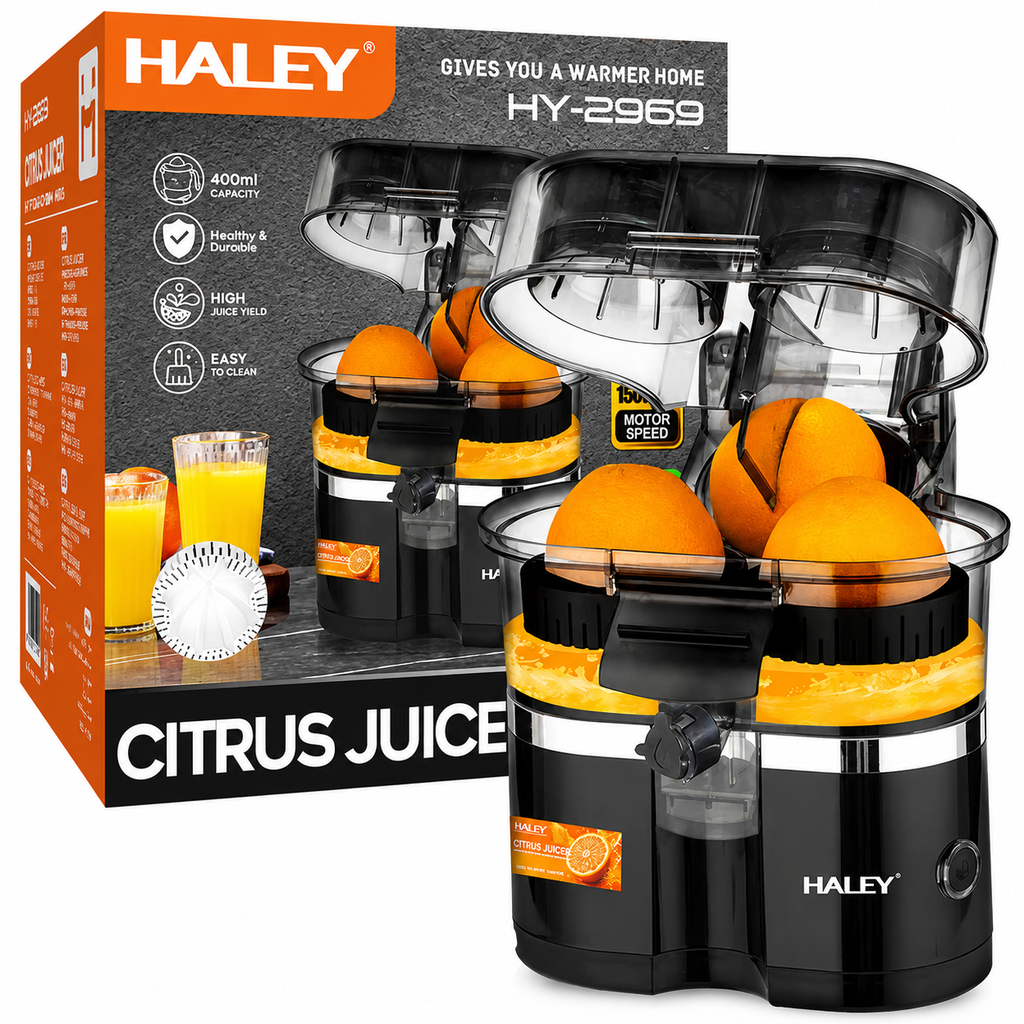 Storcător de citrice HALEY HY-2969, 650 W, 15.000 RPM, recipient 400 ml, tăietor integrat, negru