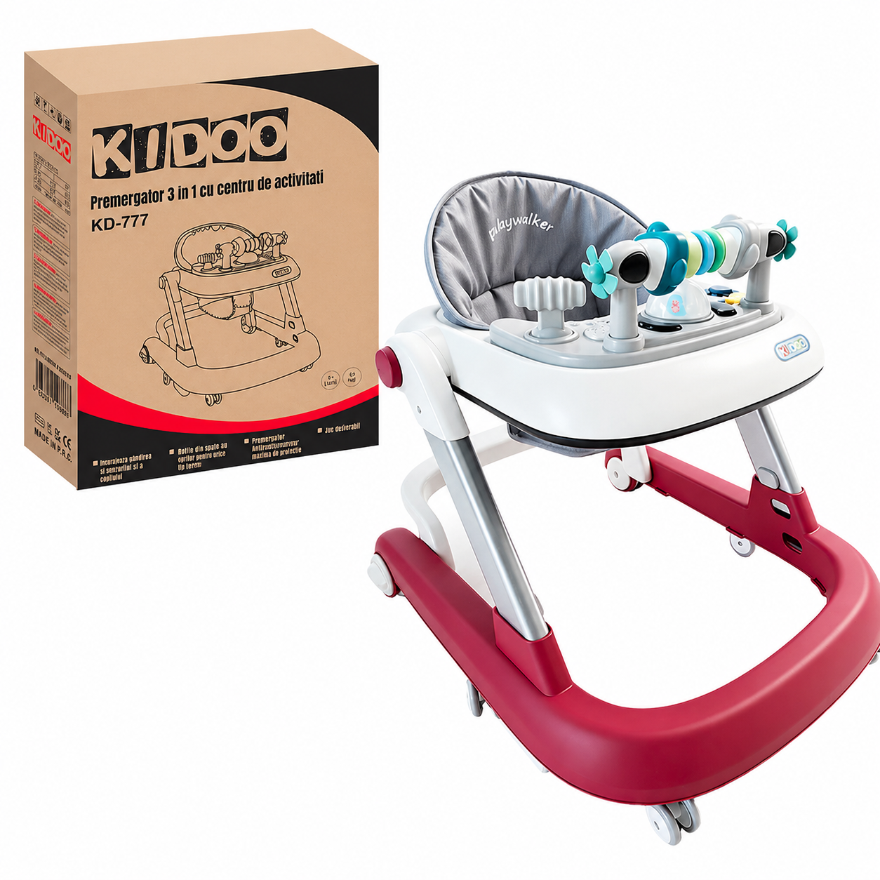 Premergător educațional 3 în 1 KIDOO, măsuță și antemergător, de la 6 luni, maxim 25 kg, alb/albastru