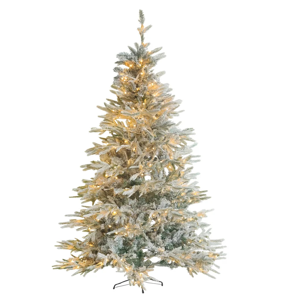 Brad artificial cu efect de ninsoare, 2.1 m, 1150 ramuri, lumini LED galben cald, suport metalic