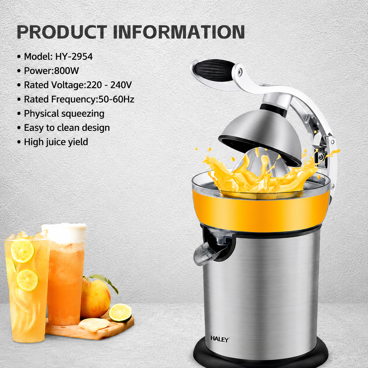 Storcător de citrice HALEY HY-2954, 800 W, 400 ml, presare cu pârghie, carcasă inox, argintiu/negru