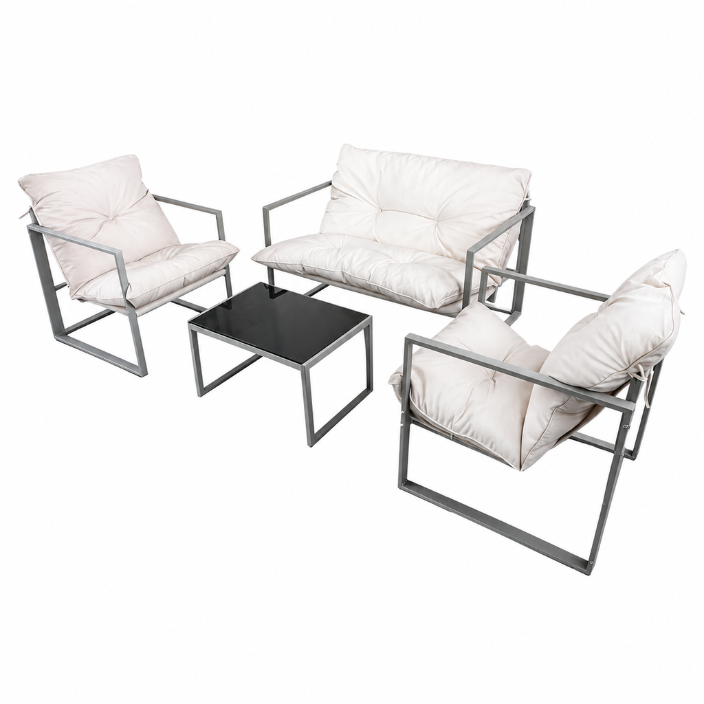 Set mobilier balcon și grădină AT Performance, 4 piese, canapea 2 locuri, 2 fotolii, măsuță cu blat sticlă securizată