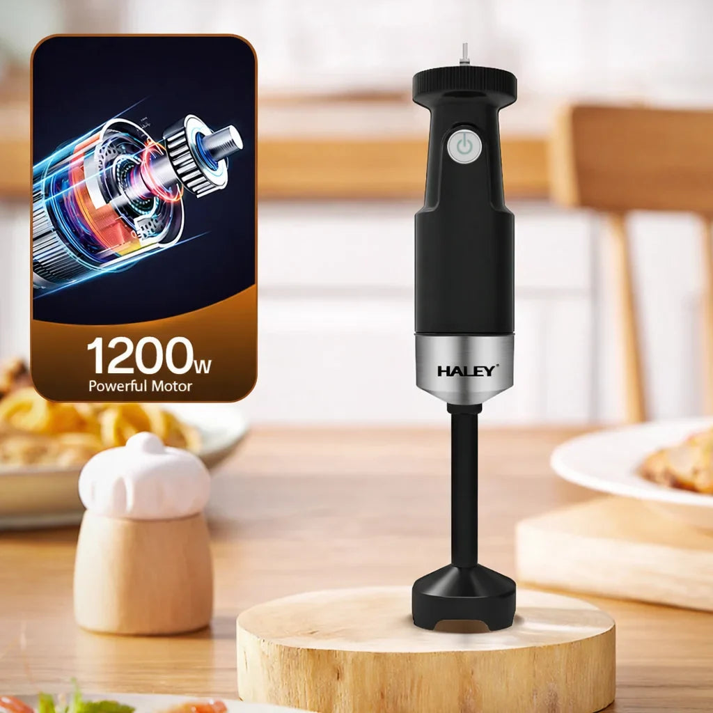 Blender de mână HALEY HY-1132, 1200 W, set 4 în 1, pahar 1000 ml, lame inox, negru-argintiu