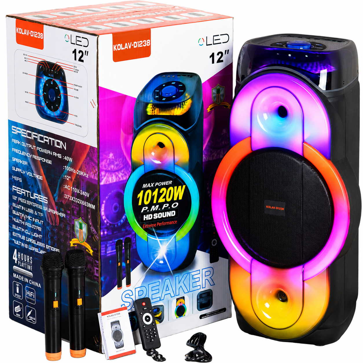 Boxă karaoke portabilă KOLAV D1238, 12 inch, 400 W RMS, autonomie 4 ore, LED RGB, negru