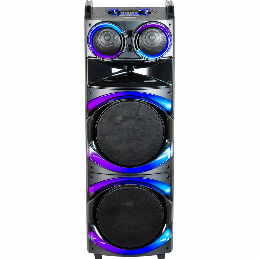 Boxă karaoke portabilă AT Performance KOLAV-F2232, 2x12 inch, bluetooth, 2 microfoane wireless, RGB LED, negru