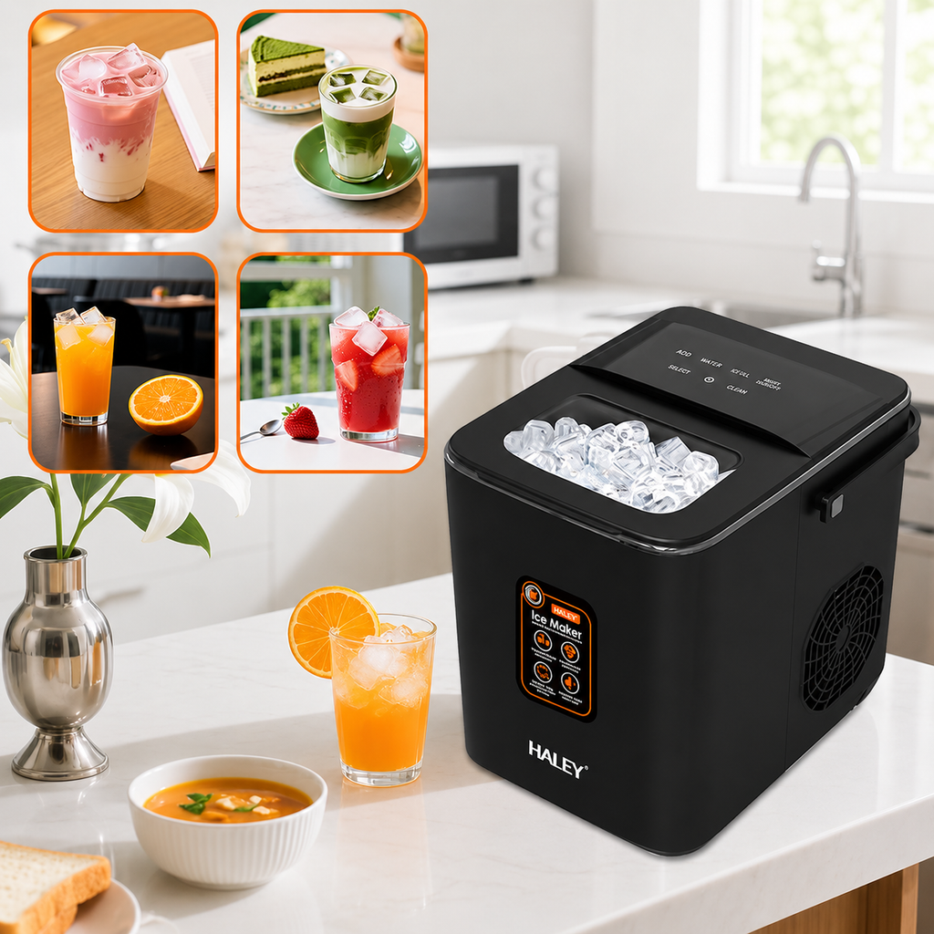 Mașină de gheață HALEY HY-6102, 100 W, 12 kg/24h, rezervor 1,8 L, 2 dimensiuni cuburi, negru