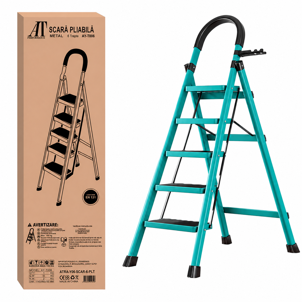 Scară pliabilă AT Performance, 5 trepte late, oțel, înălțime pliată 165 cm, sarcină maximă 150 kg