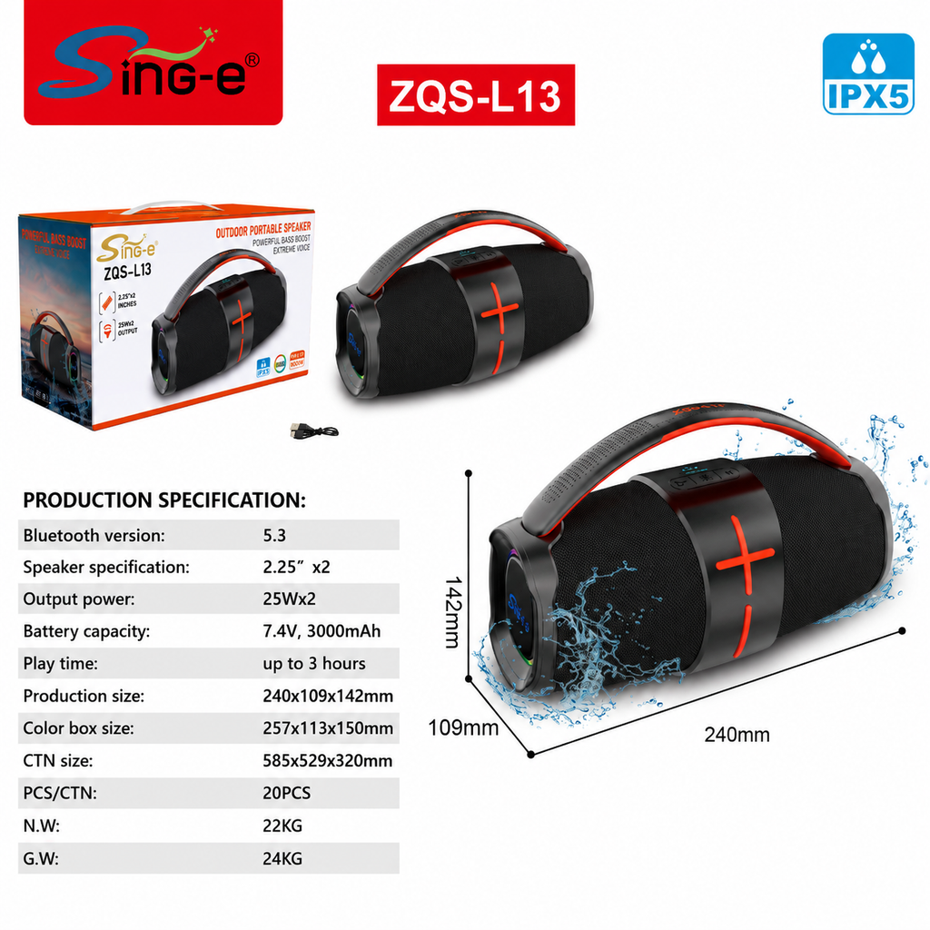 Boxă portabilă Sing-E ZQS-L13, 2x2.25 inch, 200 W PMPO, baterie 3000 mAh, IPX5, LED RGB, negru