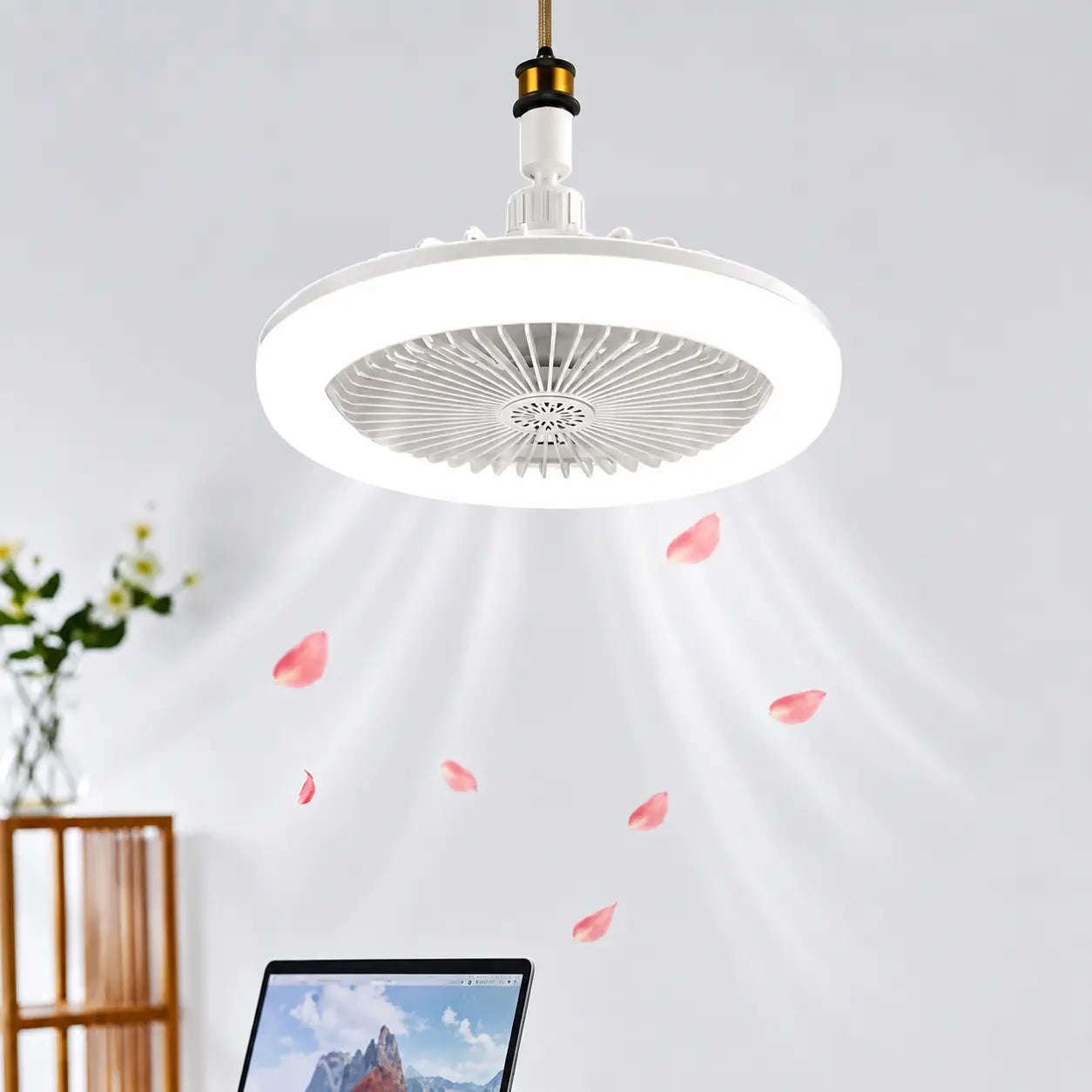 Ventilator de tavan cu LED AT Performance, dulie E27, 3 moduri de iluminare, 3 viteze, alb