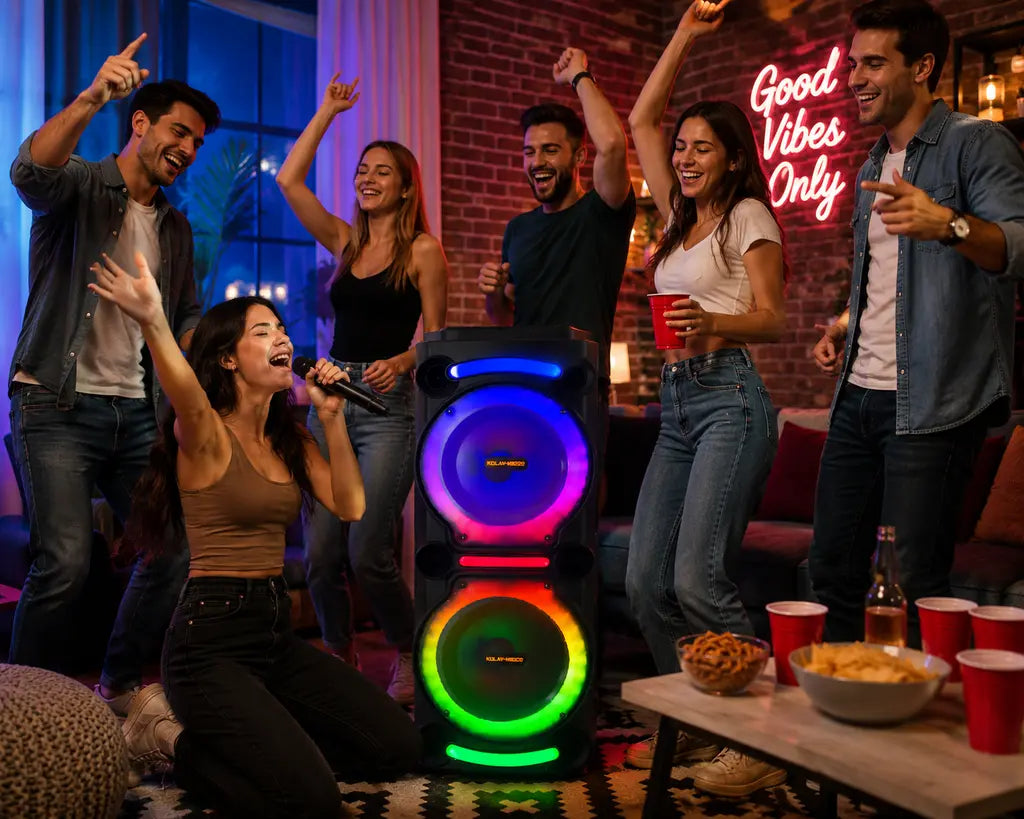 Boxă karaoke portabilă AT Performance KOLAV-M2212, 400 W RMS, 2 x 12 inch, Bluetooth, 2 microfoane wireless, RGB LED