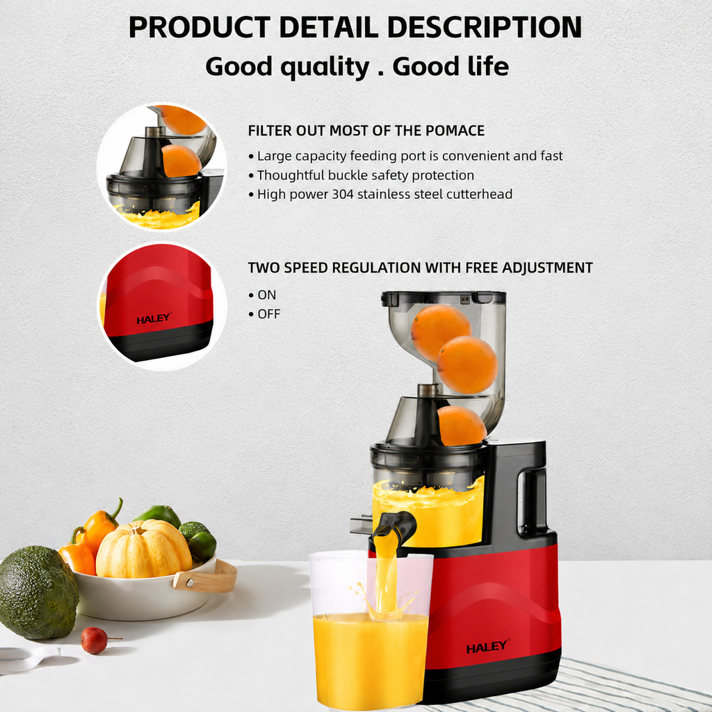 Storcător cu presare lentă HALEY HY-604, 200 W, filtru inox cu micropori, recipiente 300 ml, roșu
