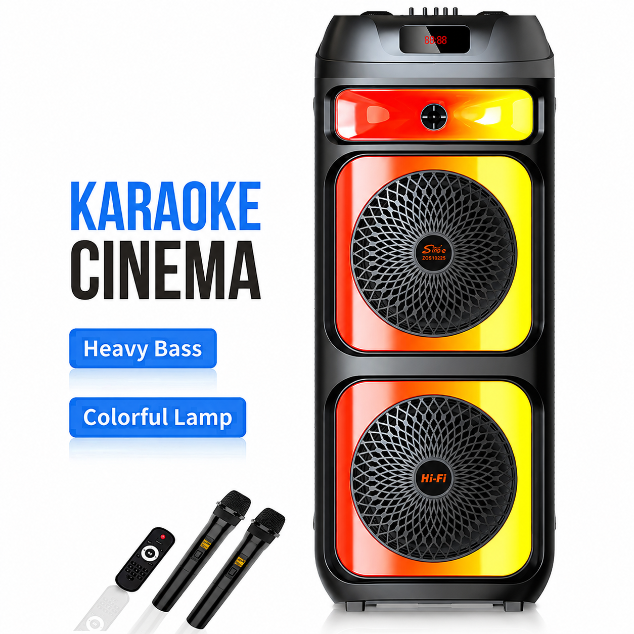 Boxă karaoke portabilă Sing-E ZQS10225, 2x10 inch, 80 W, DSP, acumulator 6000 mAh, LED RGB