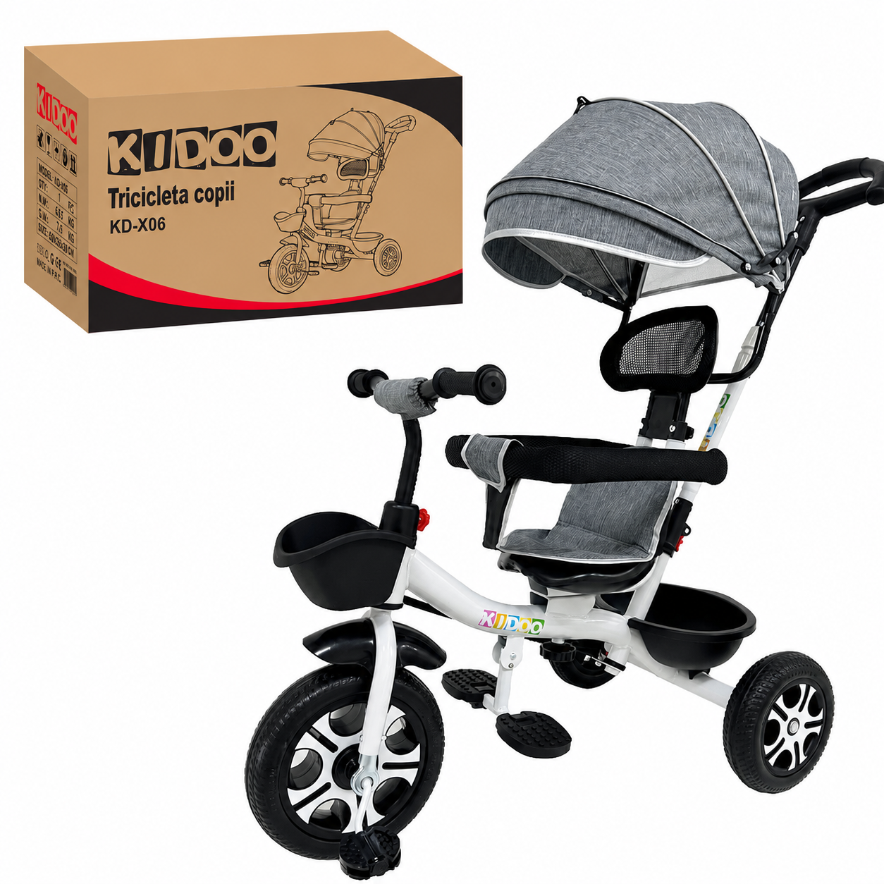 Tricicletă evolutivă KIDOO KD-X06, scaun rotativ 360°, copertină cu protecție UV, roți cauciuc, 9 luni-6 ani