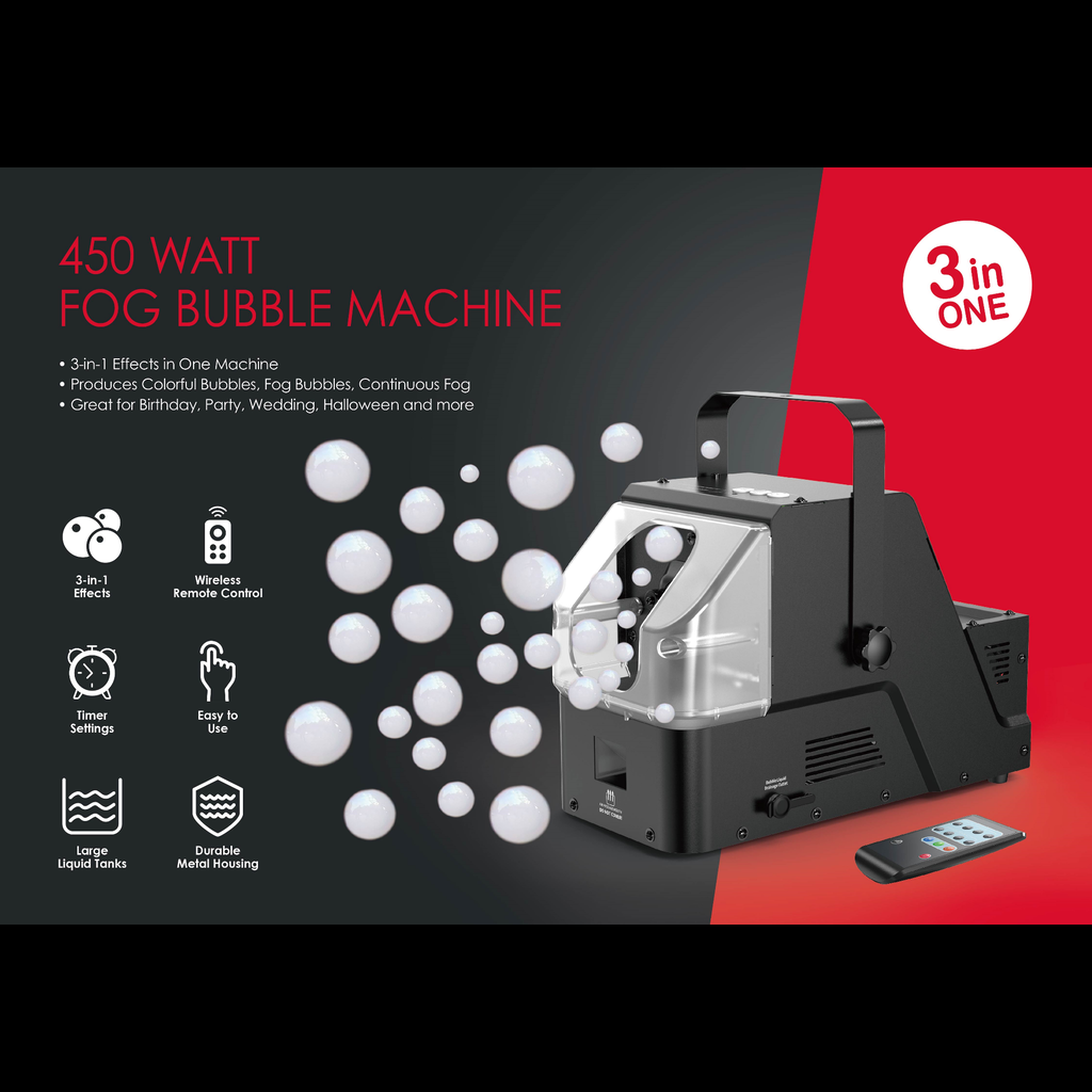 Mașină de fum și baloane 3 în 1 AT Performance, 450 W, rezervor 300 ml, telecomandă wireless 10 m, carcasă metal