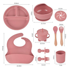 Set 10 piese hranire bebe, diversificare, silicon, baveta, farfurie, bol cu ventuza, lingurita si furculita, cana gustari, lingurita de lemn, si furculita de lemn, fara alergeni, ceasca dreapta, Roz.