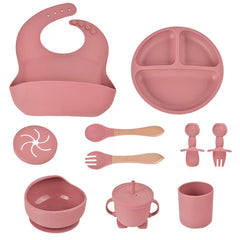 Set 10 piese hranire bebe, diversificare, silicon, baveta, farfurie, bol cu ventuza, lingurita si furculita, cana gustari, lingurita de lemn, si furculita de lemn, fara alergeni, ceasca dreapta, Roz.