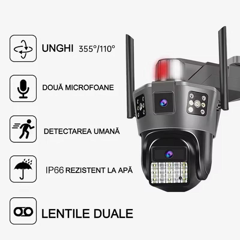 Cameră de supraveghere WiFi AT Performance, dual lens, PTZ 355°, Full HD, audio bidirecțional, alarmă