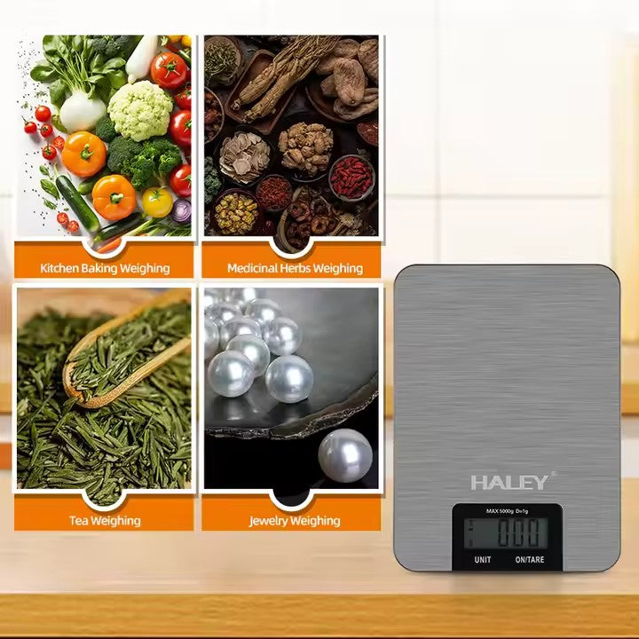 Cântar electronic de bucătărie HALEY HY-5017, 5 kg, precizie 0,1 g, oțel inoxidabil, argintiu