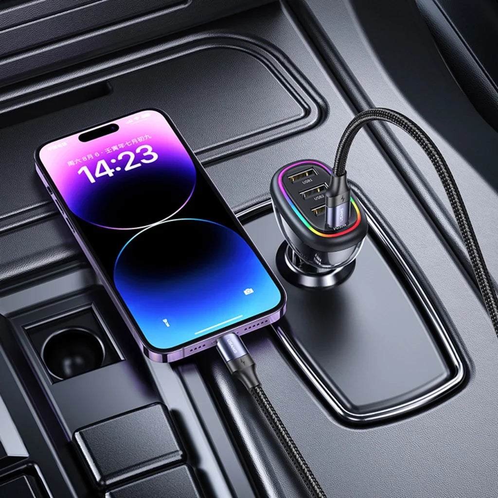 Încărcător auto rapid USAMS, 48 W, USB-C PD 30 W, USB-A 18 W, iluminare LED, transparent