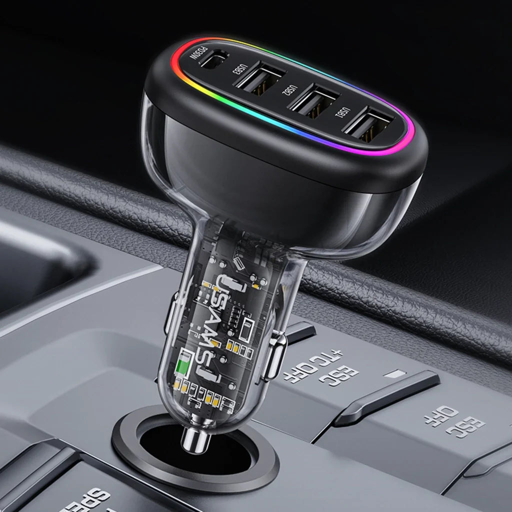 Încărcător auto rapid USAMS, 48 W, USB-C PD 30 W, USB-A 18 W, iluminare LED, transparent