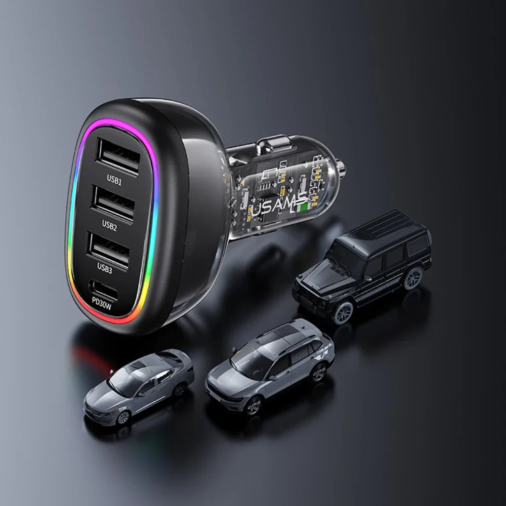 Încărcător auto rapid USAMS, 48 W, USB-C PD 30 W, USB-A 18 W, iluminare LED, transparent