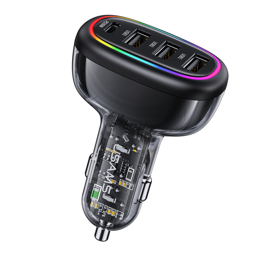 Încărcător auto rapid USAMS, 48 W, USB-C PD 30 W, USB-A 18 W, iluminare LED, transparent