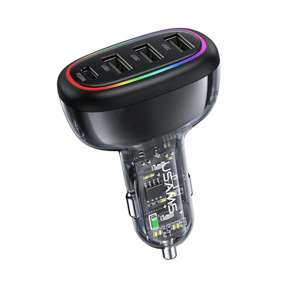 Încărcător auto rapid USAMS, 48 W, USB-C PD 30 W, USB-A 18 W, iluminare LED, transparent