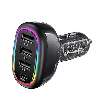 Încărcător auto rapid USAMS, 48 W, USB-C PD 30 W, USB-A 18 W, iluminare LED, transparent