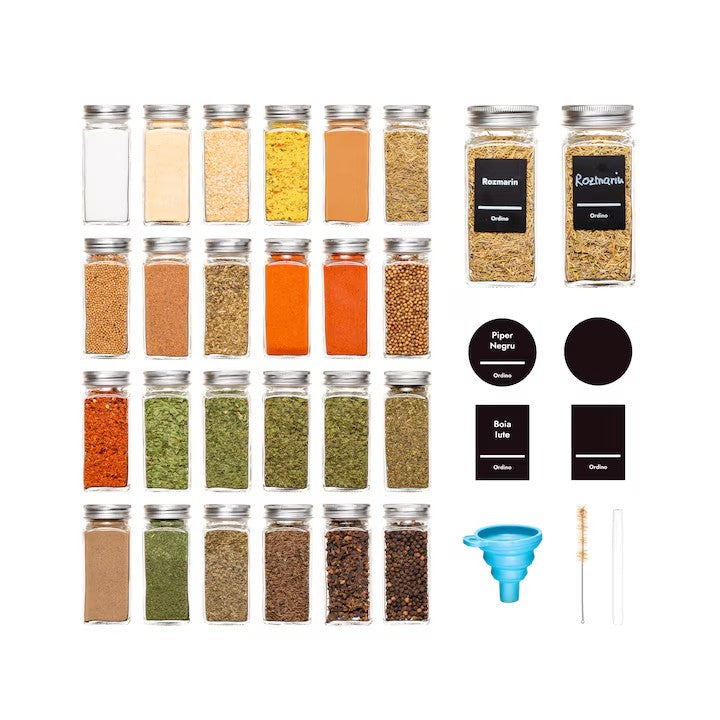 Set 24 Sticluțe Condimente AT PERFORMANCE® – Sticlă cu Capac Aluminiu, Etichete RO, Palnie, Marker și Periuță