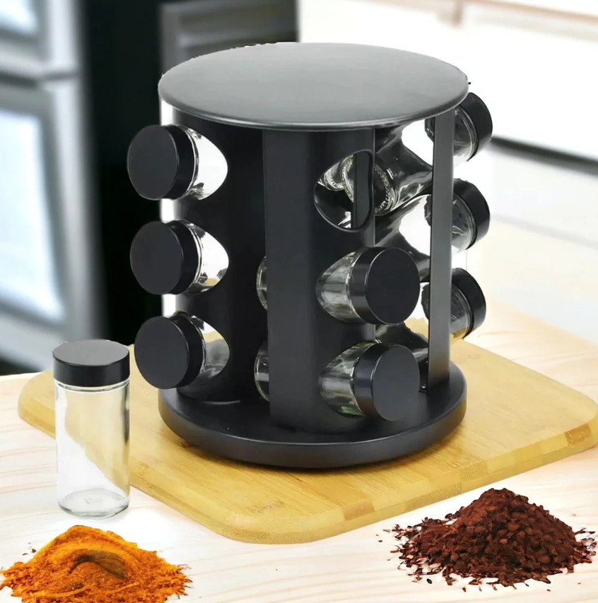 Set 12 recipiente pentru condimente, cu suport, AT PERFORMANCE®, negru