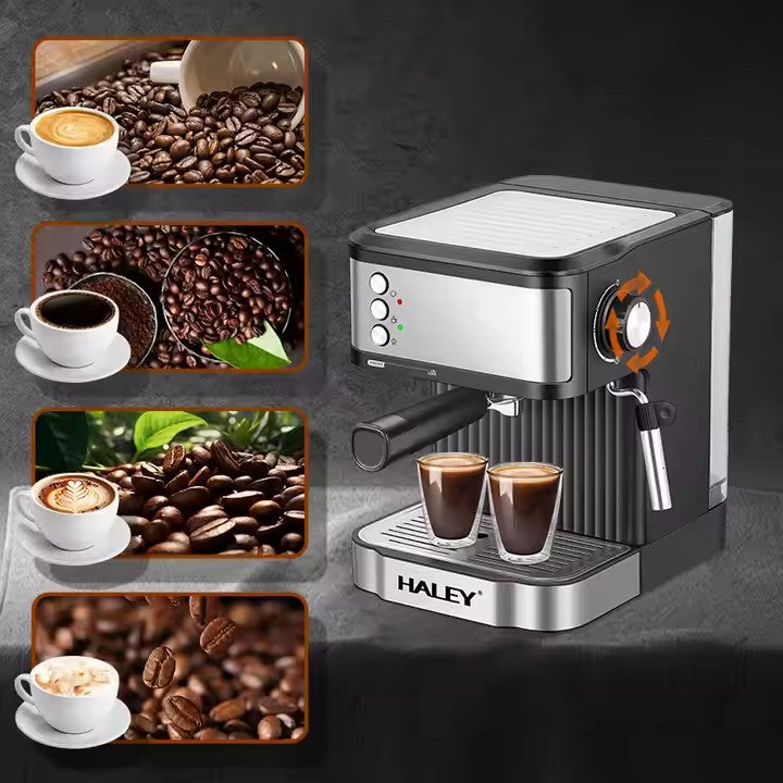 Espressor cafea HALEY HY-2809, 850 W, 20 bar, rezervor 1,8 L, oțel inoxidabil, argintiu cu negru