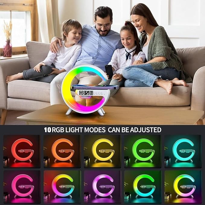 Lampa led RGB de masa 3in1, At Performance, cu Statie incarcare wireless, Muzica Bluetooth, FM, USB, 1500mh, Alb