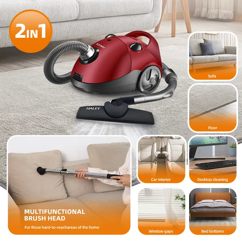 Aspirator cu sac HALEY HY-906, 2800 W, sac 2 L, filtrare multiplă, putere aspirare 500 W, roșu