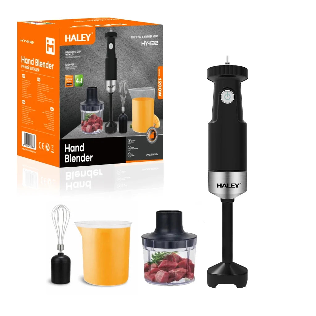 Blender de mână HALEY HY-1132, 1200 W, set 4 în 1, pahar 1000 ml, lame inox, negru-argintiu